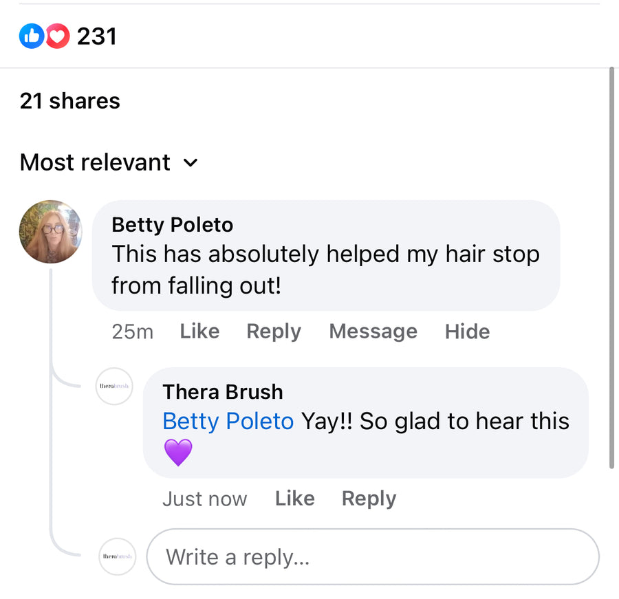 Original Facebook comment from Betty Poleto about her experience with TheraBrush