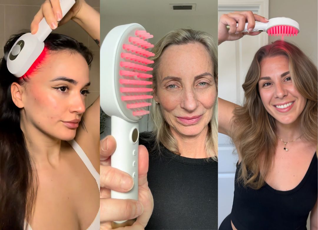 Women using the white TheraBrush in their daily scalp-care routine