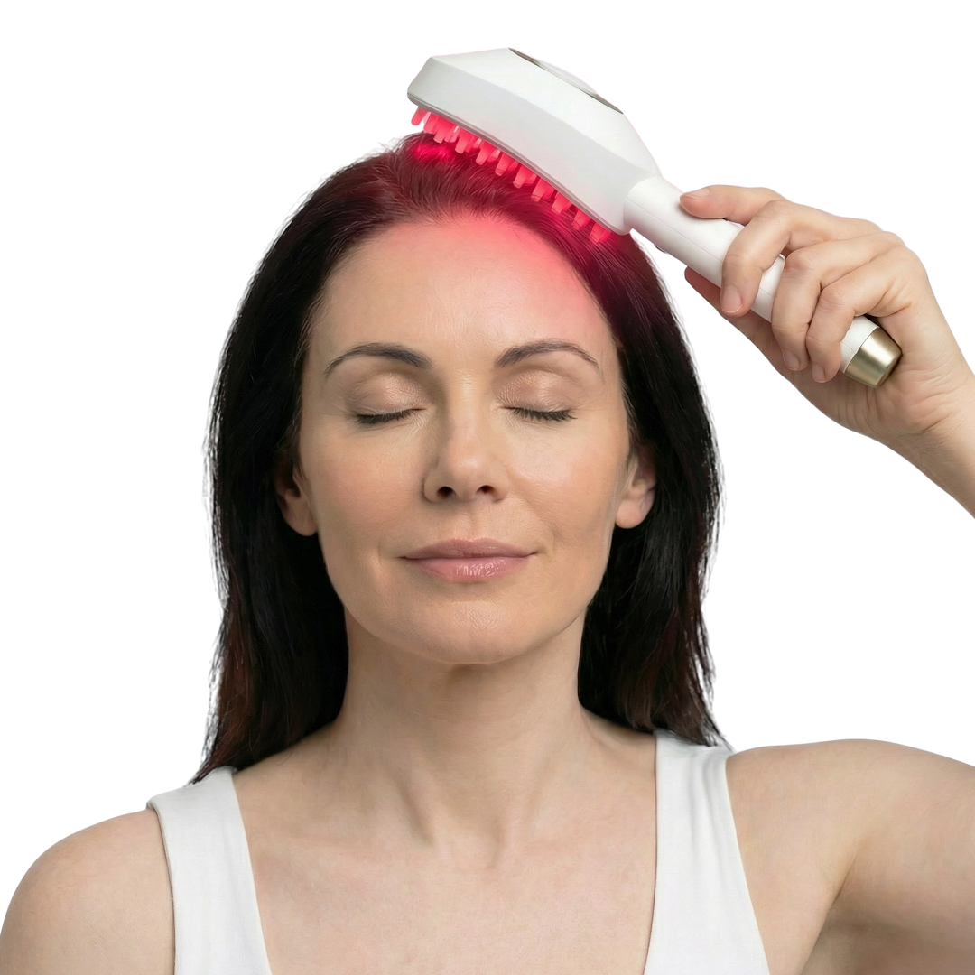 TheraBrush treatment head showing its illuminated red- and blue-light bristles
