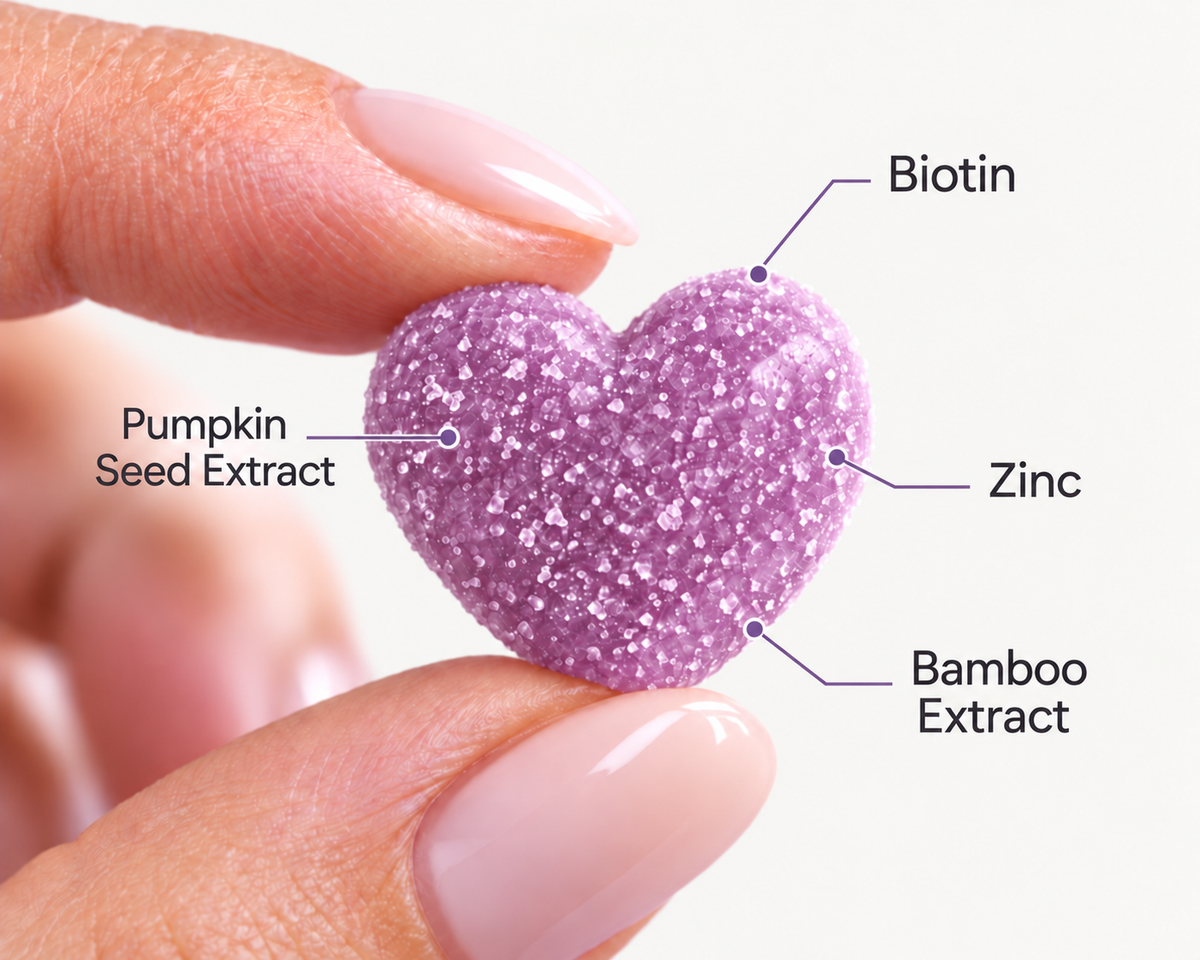 A heart-shaped gummy with its four featured ingredients labeled